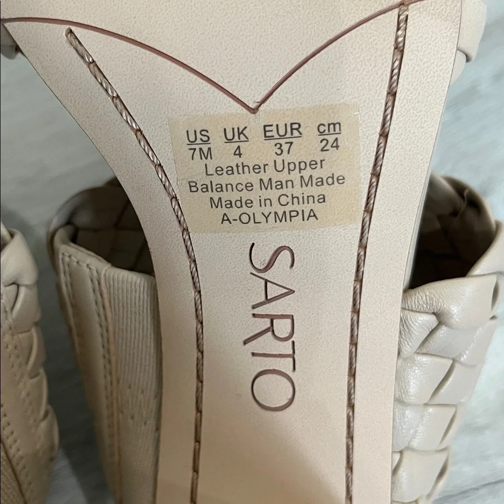 Sarto Braided Block Heel Sandals Beige Leather Womens‎ 7 Wedding Classic Chic